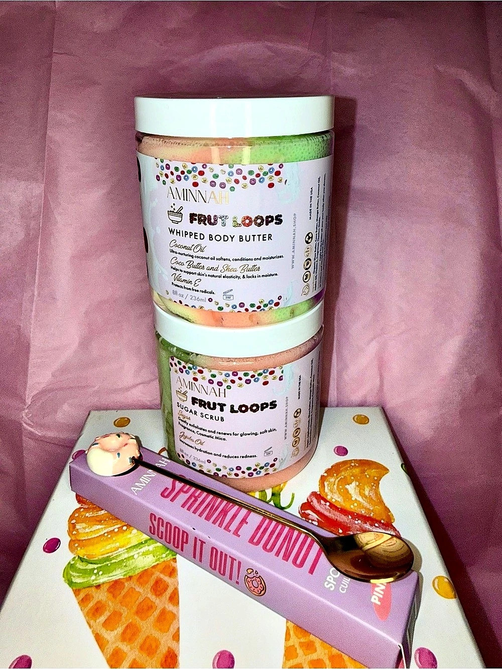 AMINNAH Fruit Loops Whipped Body Butter & Sugar Scrub Bundle & Pink Donut Spoon